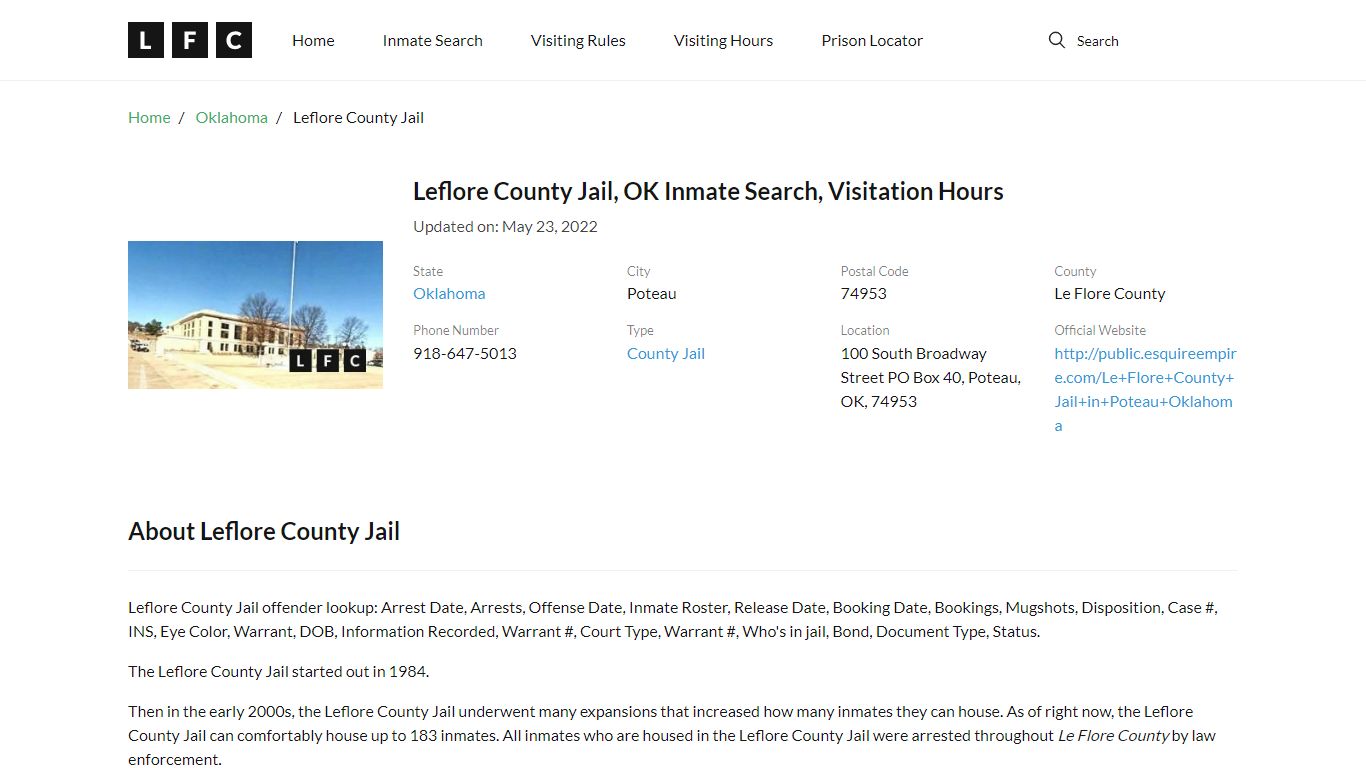 Leflore County Jail, OK Inmate Search, Visitation Hours