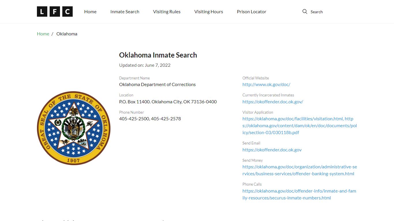 Oklahoma Inmate Search – Oklahoma Department of ...